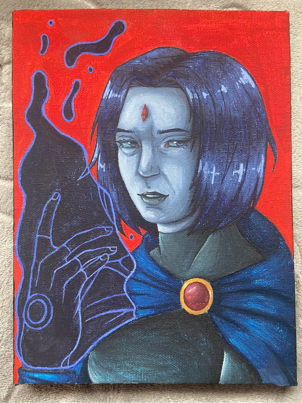 Hand-Painted Blue and Red Teen Titan Raven Portrait Canvas 6x8x0.4